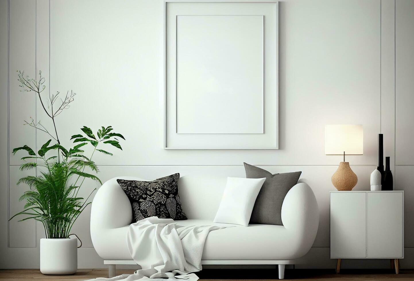 em branco branco quadro, Armação zombar acima para interior escandinavo quarto mínimo estilo, vivo quarto decoração, ai gerado foto