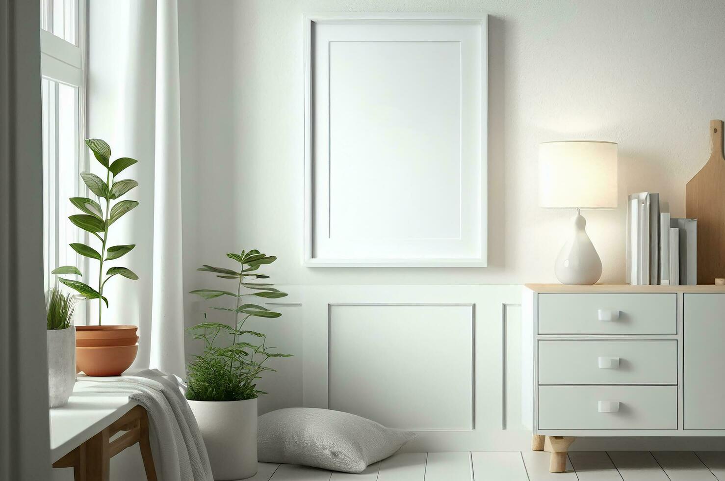 em branco branco quadro, Armação zombar acima para interior escandinavo quarto mínimo estilo, vivo quarto decoração, ai gerado foto