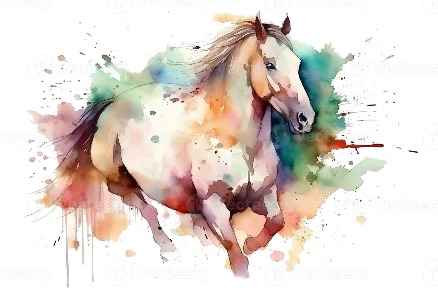 aguarela retrato do uma cavalo com salpicos do pintura em uma branco fundo. ai gerado ilustração. foto