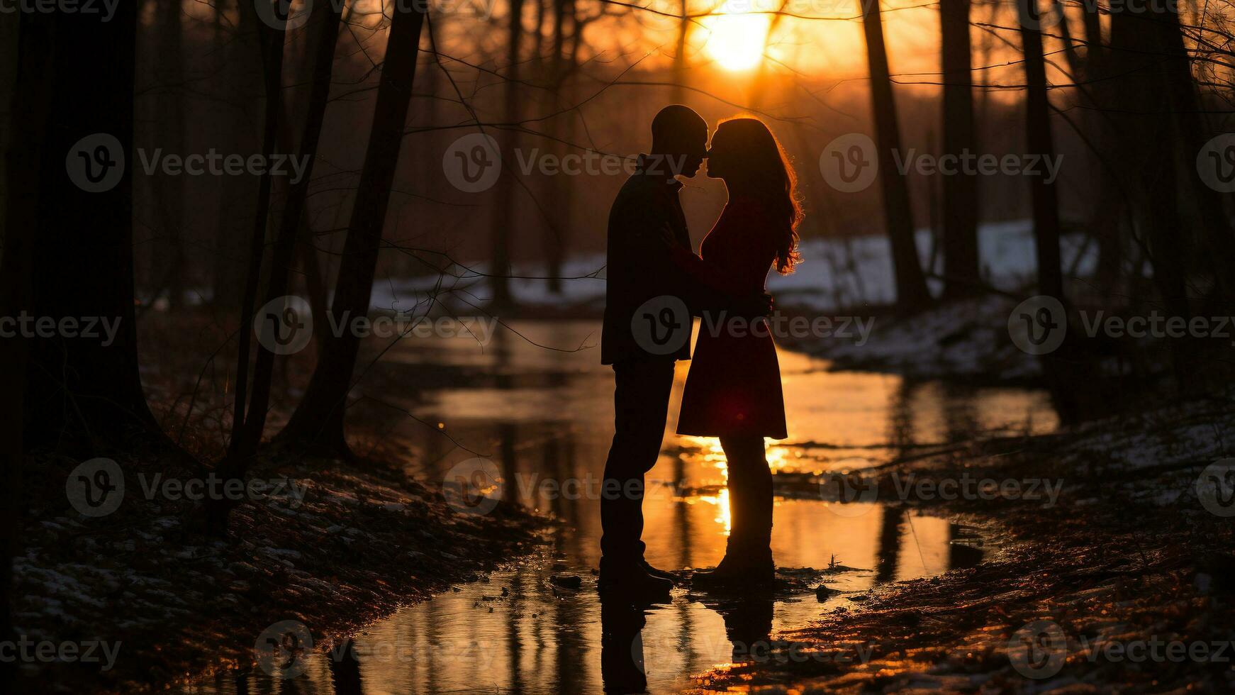 romântico pôr do sol silhuetas para dia dos namorados dia dentro a tarde brilho, ai generativo foto