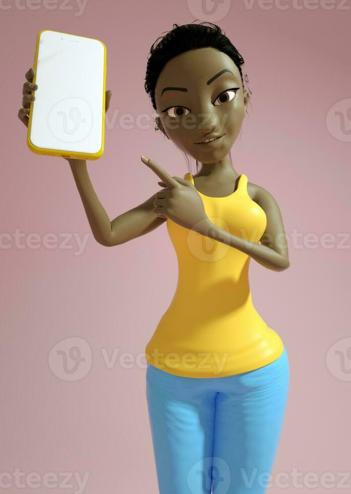 fofa jovem Preto senhora 3d desenho animado personagem segurando e mostrando telefone com em branco tela sobre Rosa fundo. 3d Renderização. foto