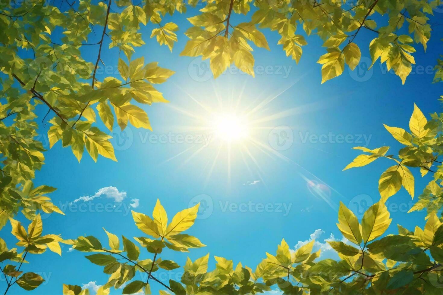folhas contra azul céu com brilhante luz do sol, ensolarado céu fundo, Sol e folhas papel de parede, natural fundo, ai generativo foto