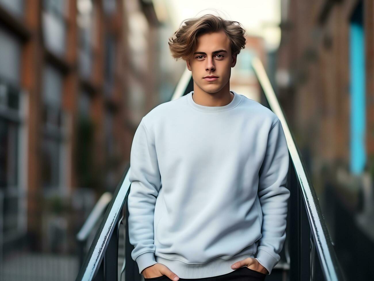 jovem homem vestindo em branco esvaziar branco camiseta grandes mangas suéter brincar para Projeto modelo, ai gerado foto