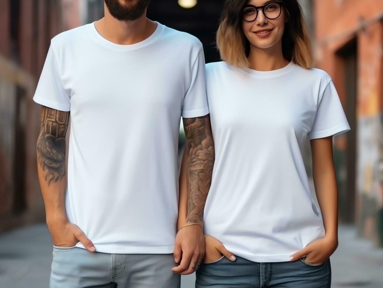 uma casal namorado e namorada vestindo em branco branco Coincidindo Camisetas brincar para Projeto modelo, ai gerado foto