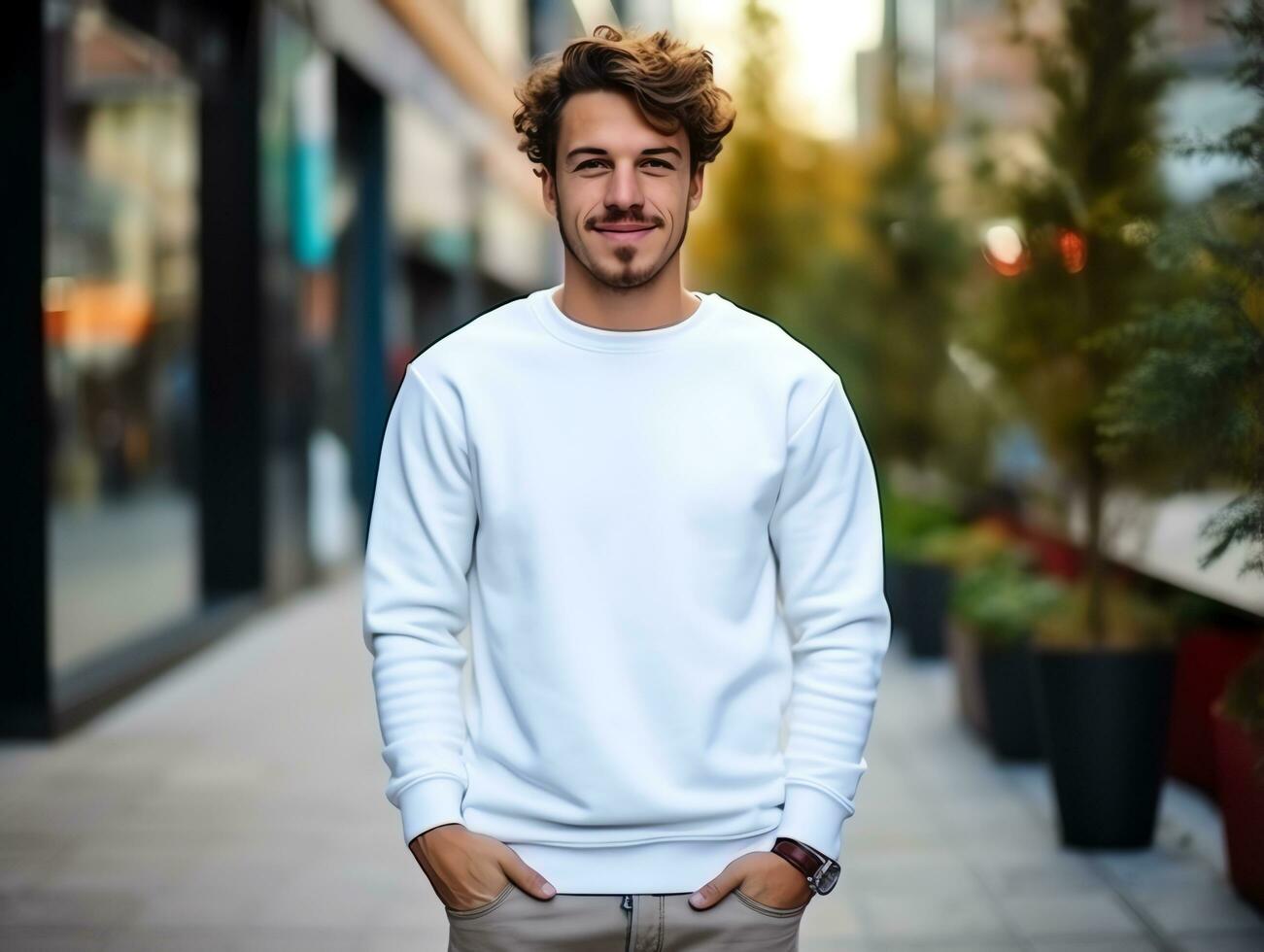 jovem homem vestindo em branco esvaziar branco camiseta grandes mangas suéter brincar para Projeto modelo, ai gerado foto