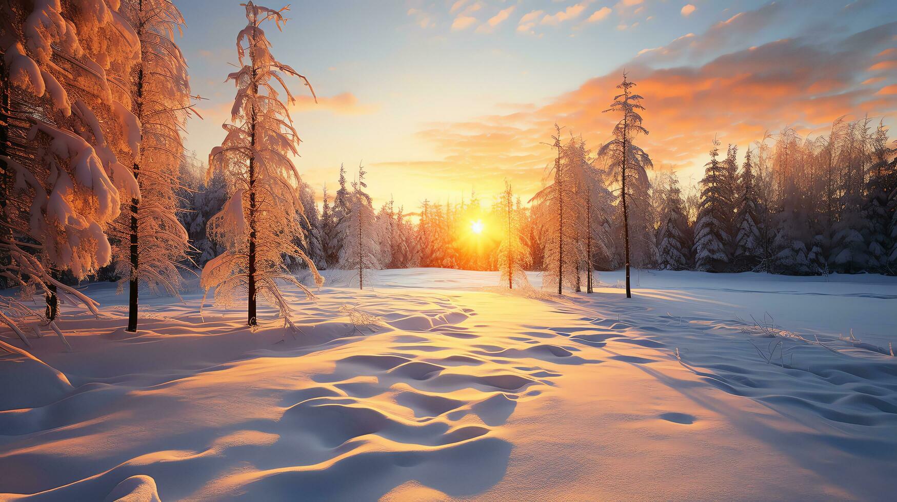 lindo pôr do sol dentro a inverno neve panorama fundo, ai gerado foto