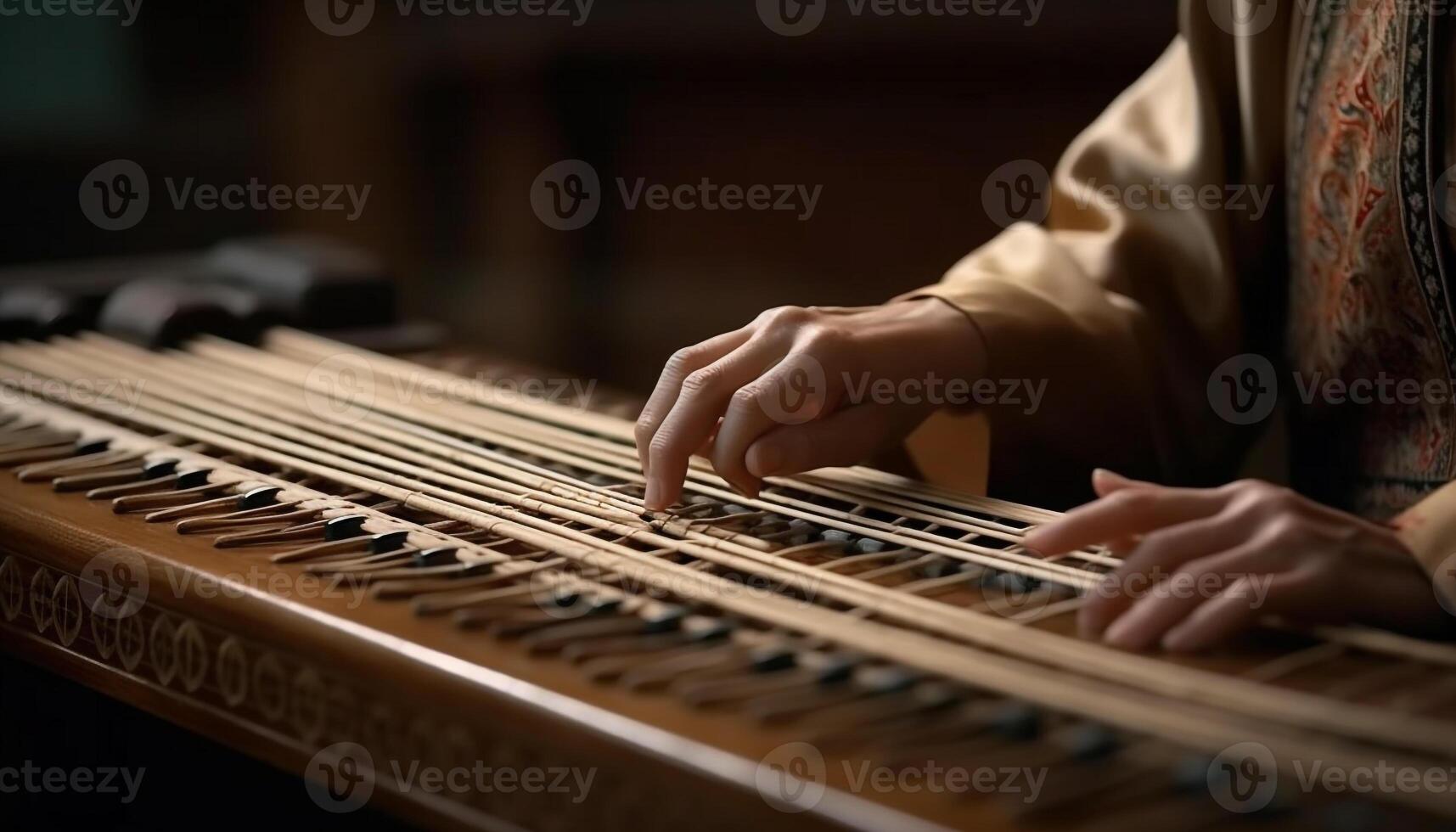 especialista músico mão habilmente tocam de madeira instrumento gerado de ai foto