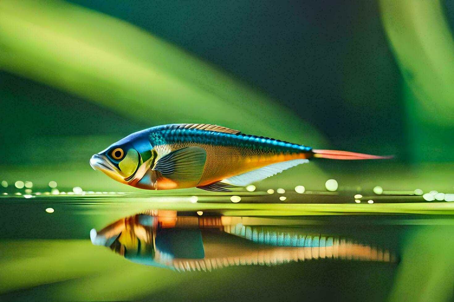 uma peixe com uma brilhante azul e laranja corpo é refletido dentro a água. gerado por IA foto