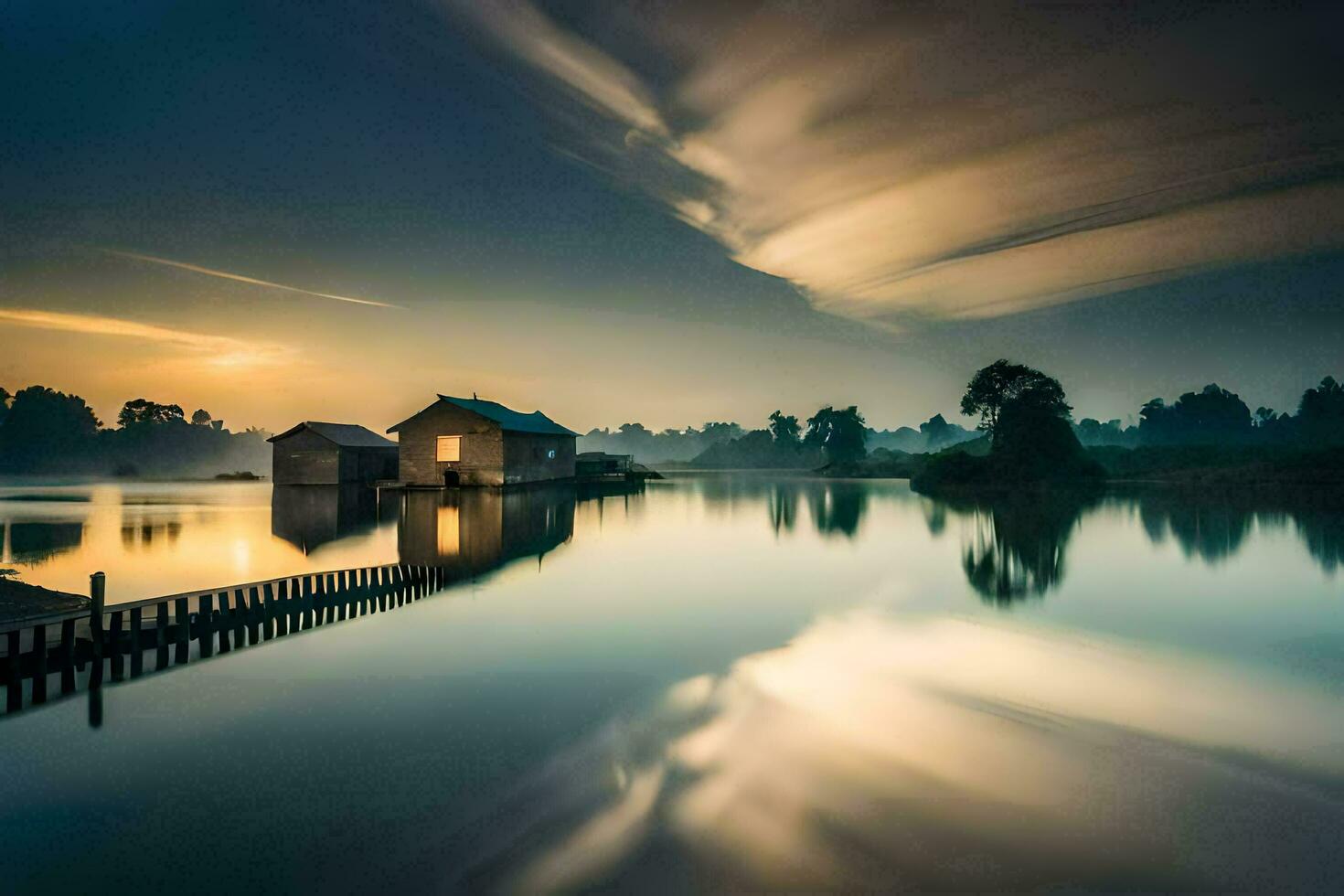 uma casa em a água às nascer do sol. gerado por IA foto