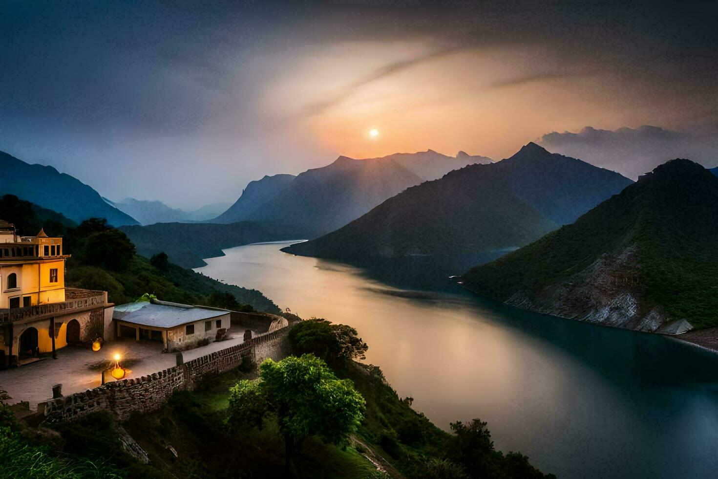 a Sol conjuntos sobre uma casa em uma Colina negligenciar uma lago. gerado por IA foto