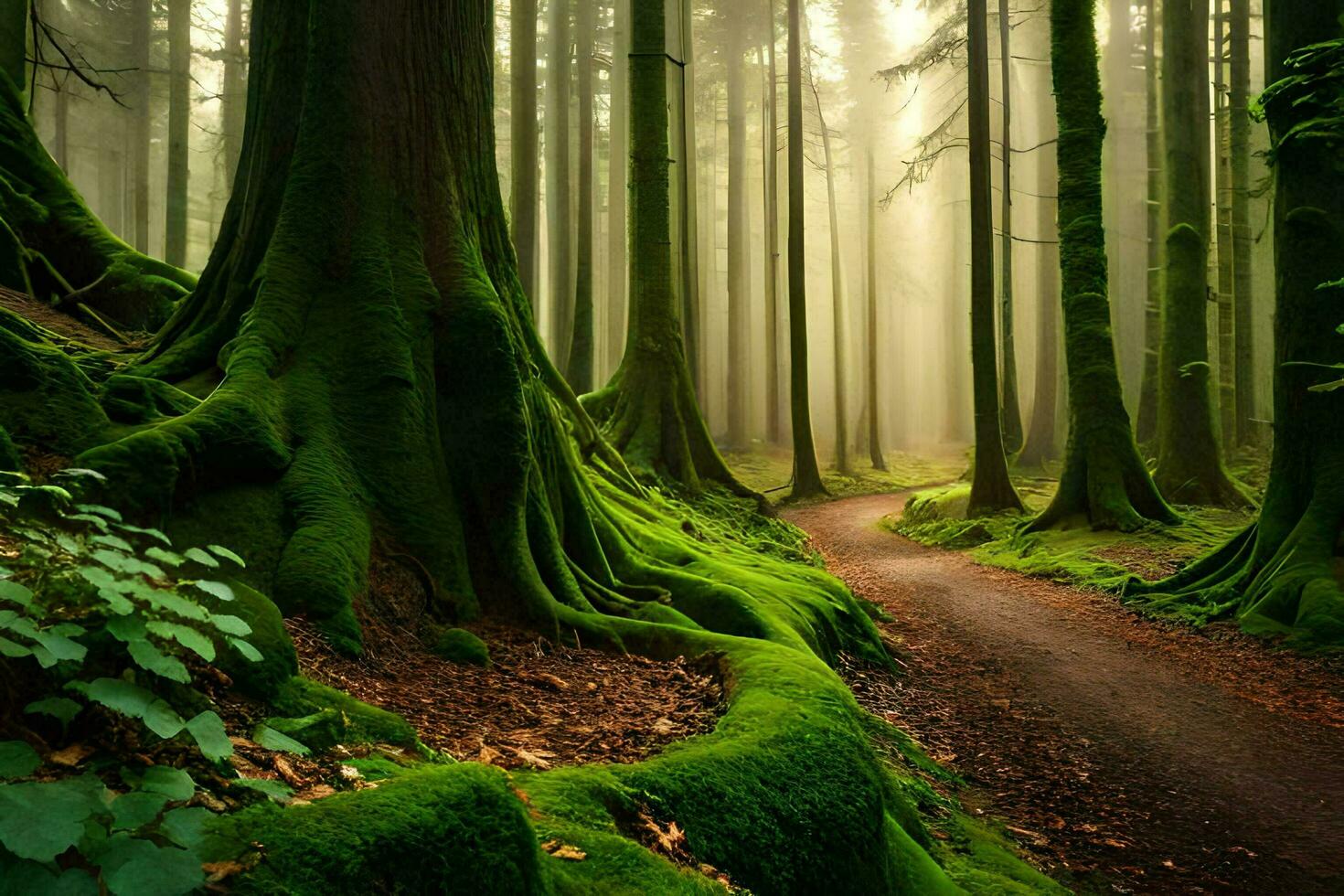 uma caminho através uma verde floresta com musgoso árvores gerado por IA foto