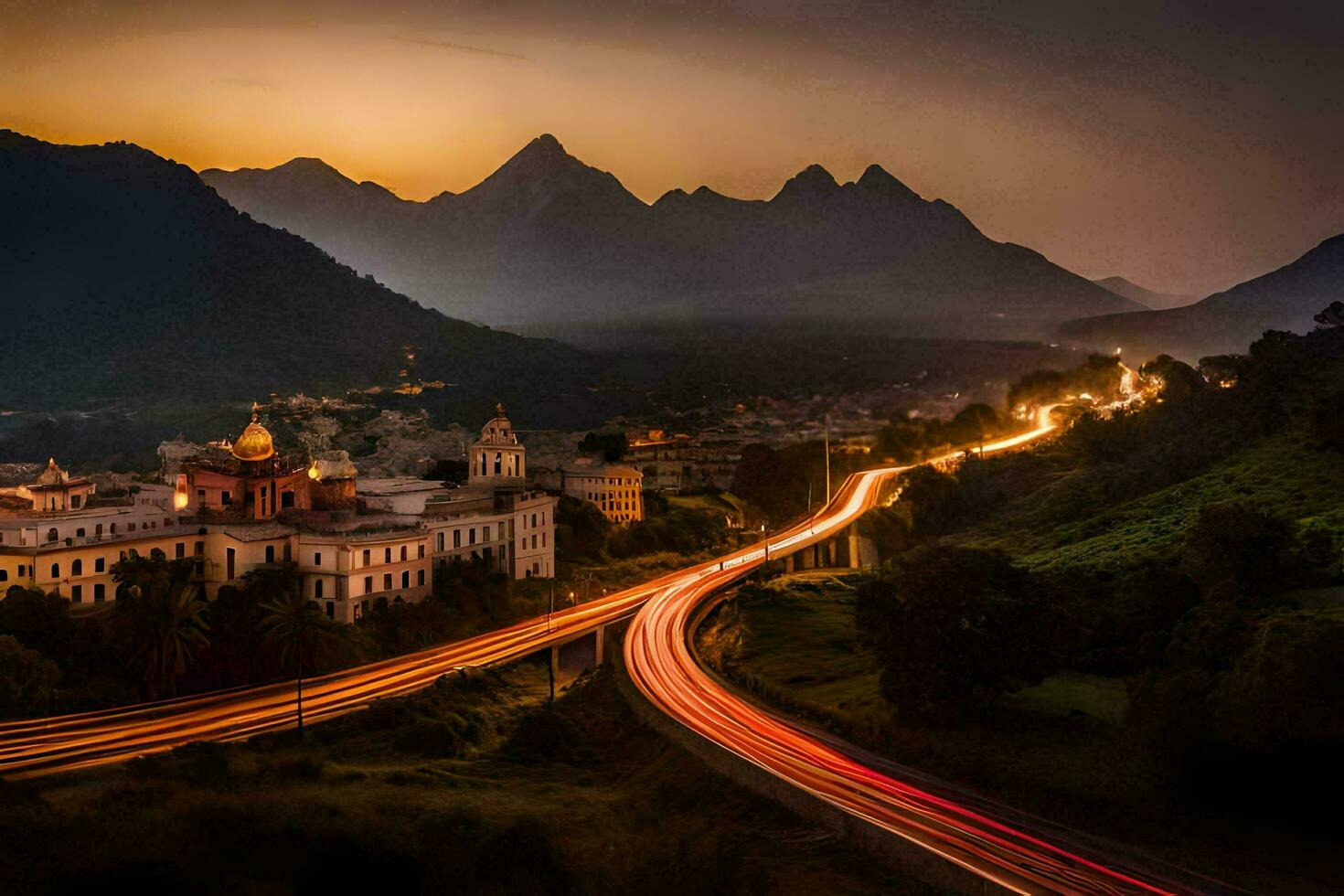 uma grandes exposição foto do uma cidade e montanhas às pôr do sol. gerado por IA