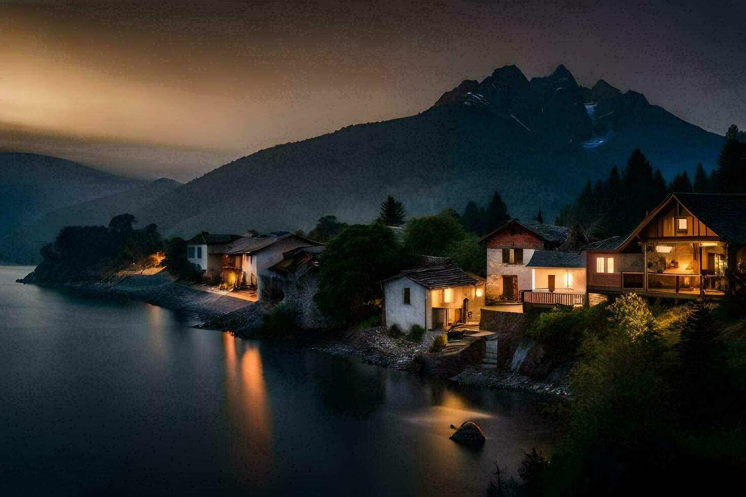 uma lago e casas dentro a montanhas às noite. gerado por IA foto