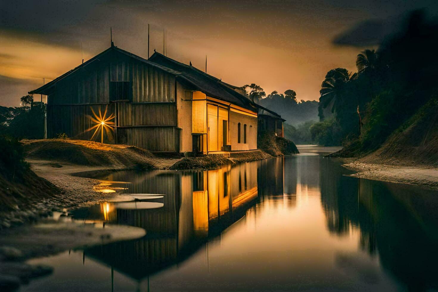 uma pequeno casa senta em a lado do uma rio. gerado por IA foto