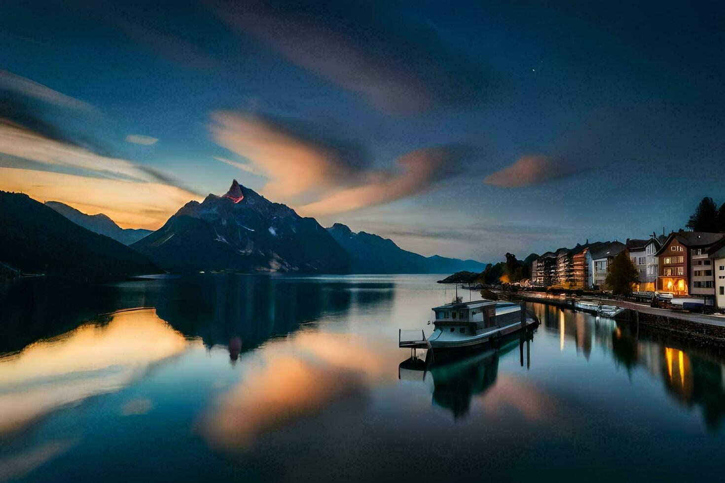 uma barco ancorado dentro a água às pôr do sol. gerado por IA foto