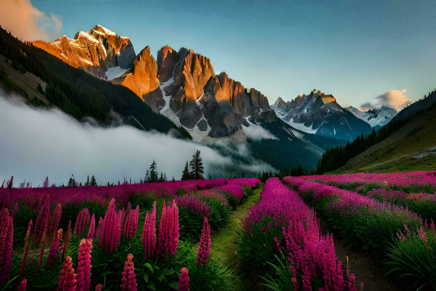 a flores do a alpino Prado. gerado por IA foto