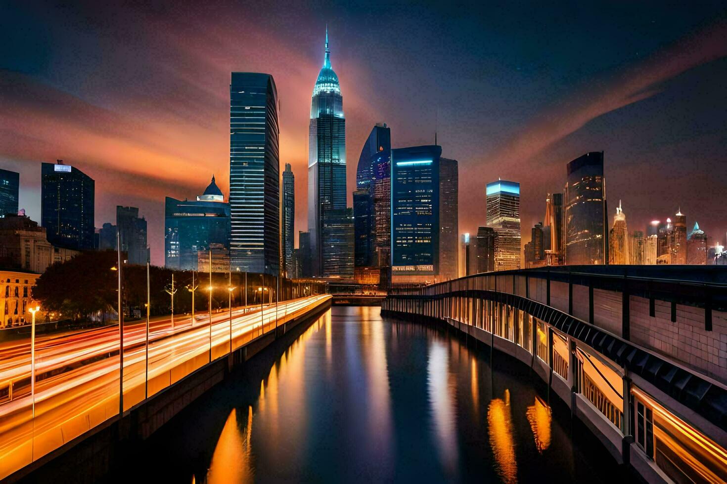 a cidade Horizonte às noite com luzes em a edifícios. gerado por IA foto