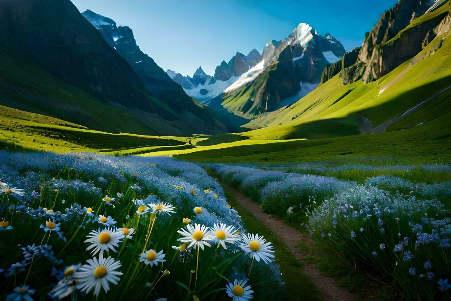 a flores dentro a Prado estão lindo e a caminho é uma lindo caminho. gerado por IA foto