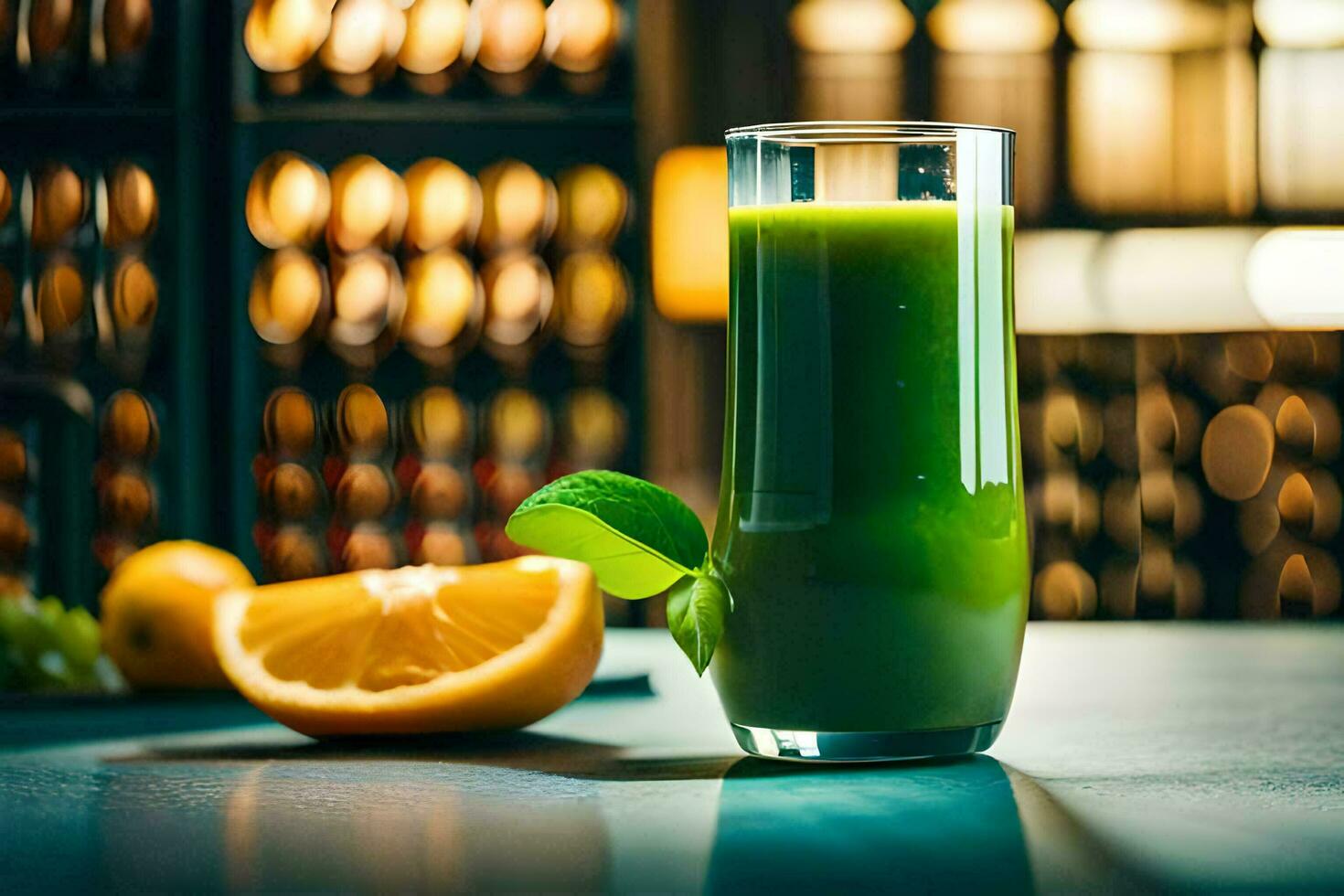 uma vidro do verde suco com a laranja fatiar. gerado por IA foto