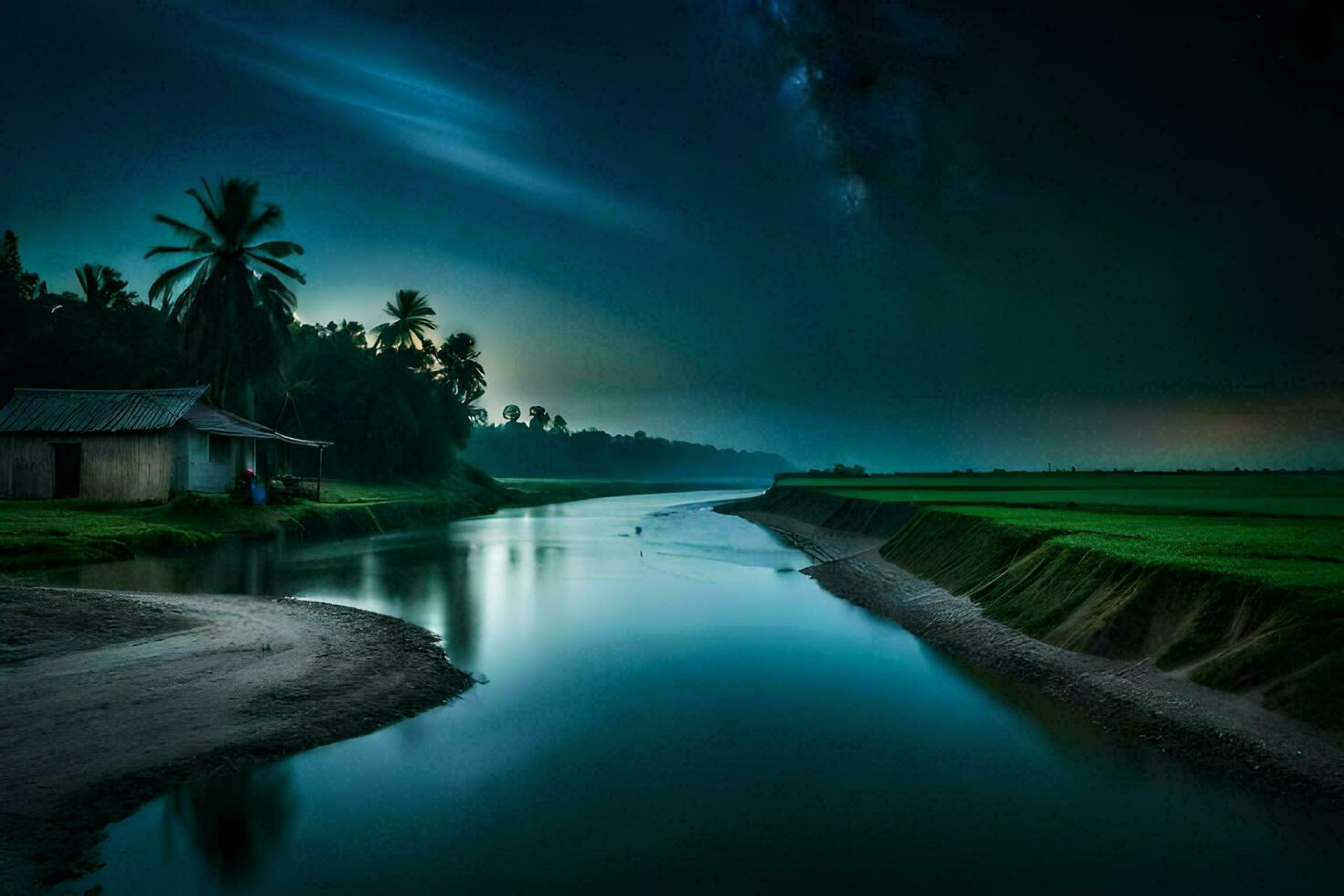 uma rio dentro a meio do uma campo às noite. gerado por IA foto