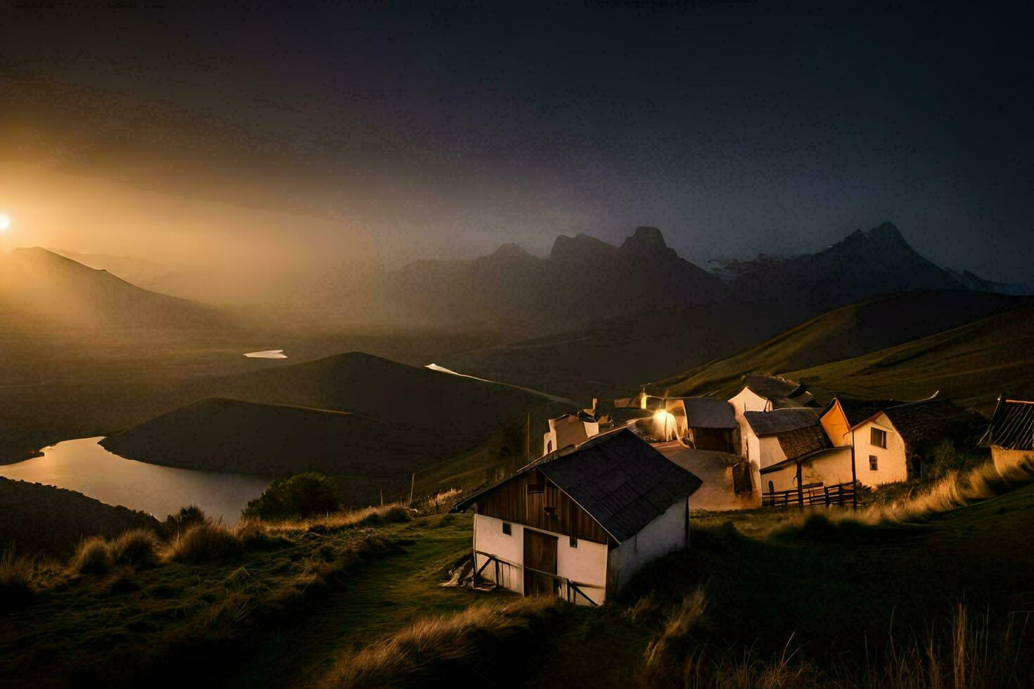 uma pequeno Vila dentro a montanhas às pôr do sol. gerado por IA foto