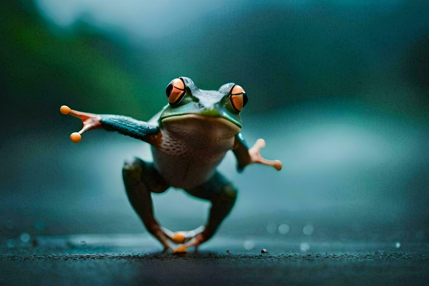 uma rã é em pé em Está traseiro pernas dentro a chuva. gerado por IA foto