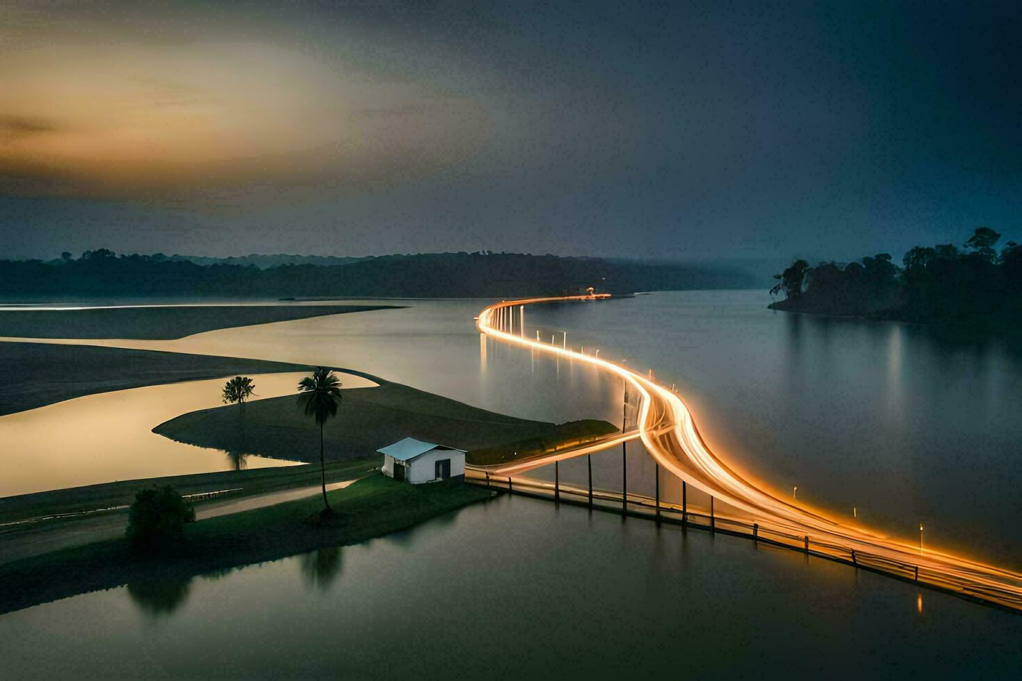 uma grandes exposição fotografia do uma ponte sobre uma rio. gerado por IA foto