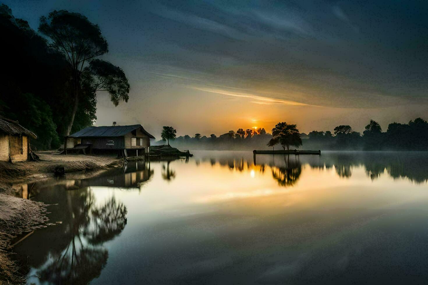 uma lago com uma casa e uma barco dentro a fundo. gerado por IA foto