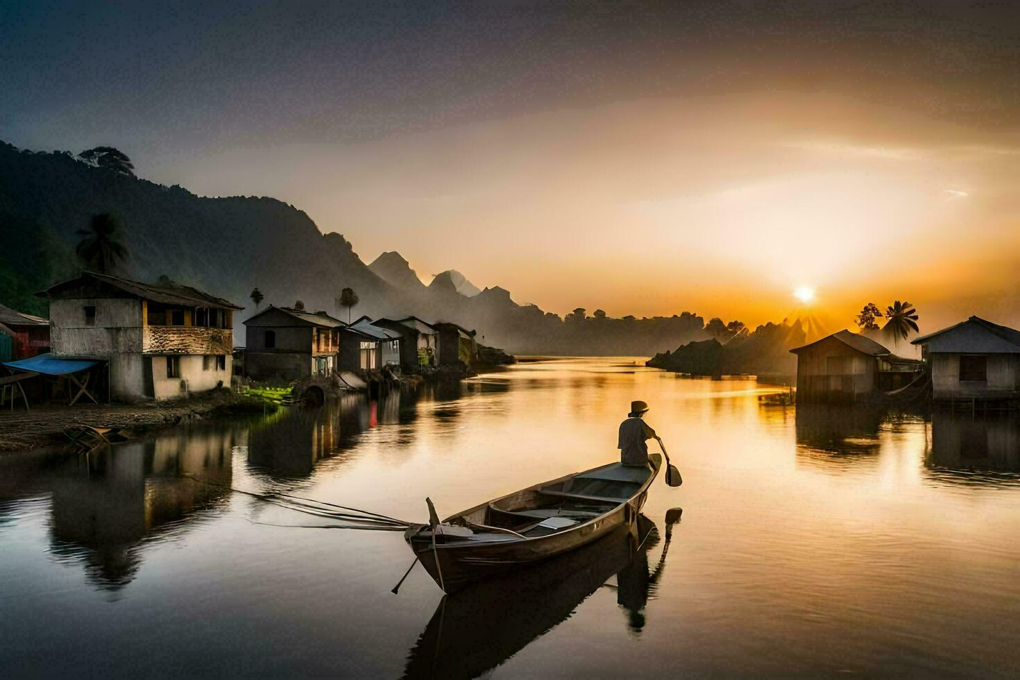 uma homem dentro uma barco em a rio às pôr do sol. gerado por IA foto