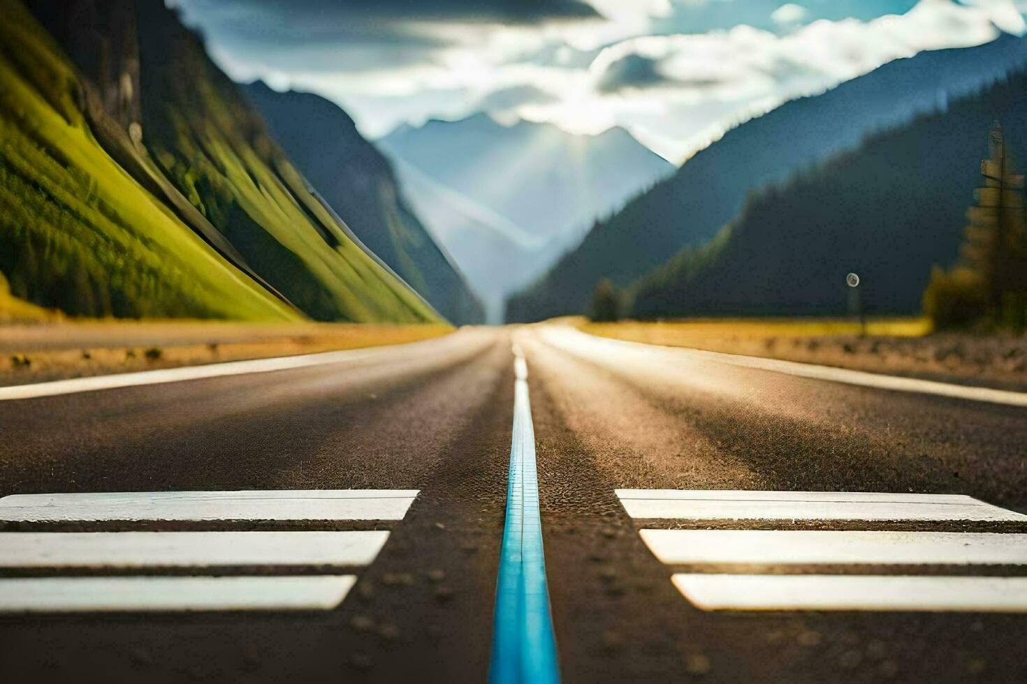 uma estrada com dois linhas em isto e montanhas dentro a fundo. gerado por IA foto