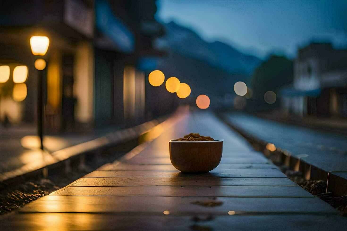 uma tigela do Comida senta em a faixas às noite. gerado por IA foto