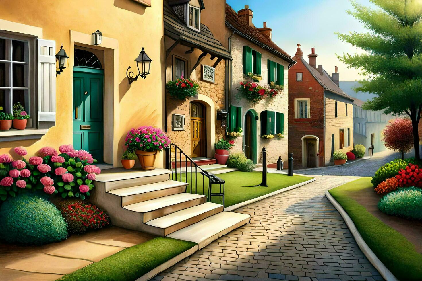 uma pintura do uma rua com flores e passos. gerado por IA foto