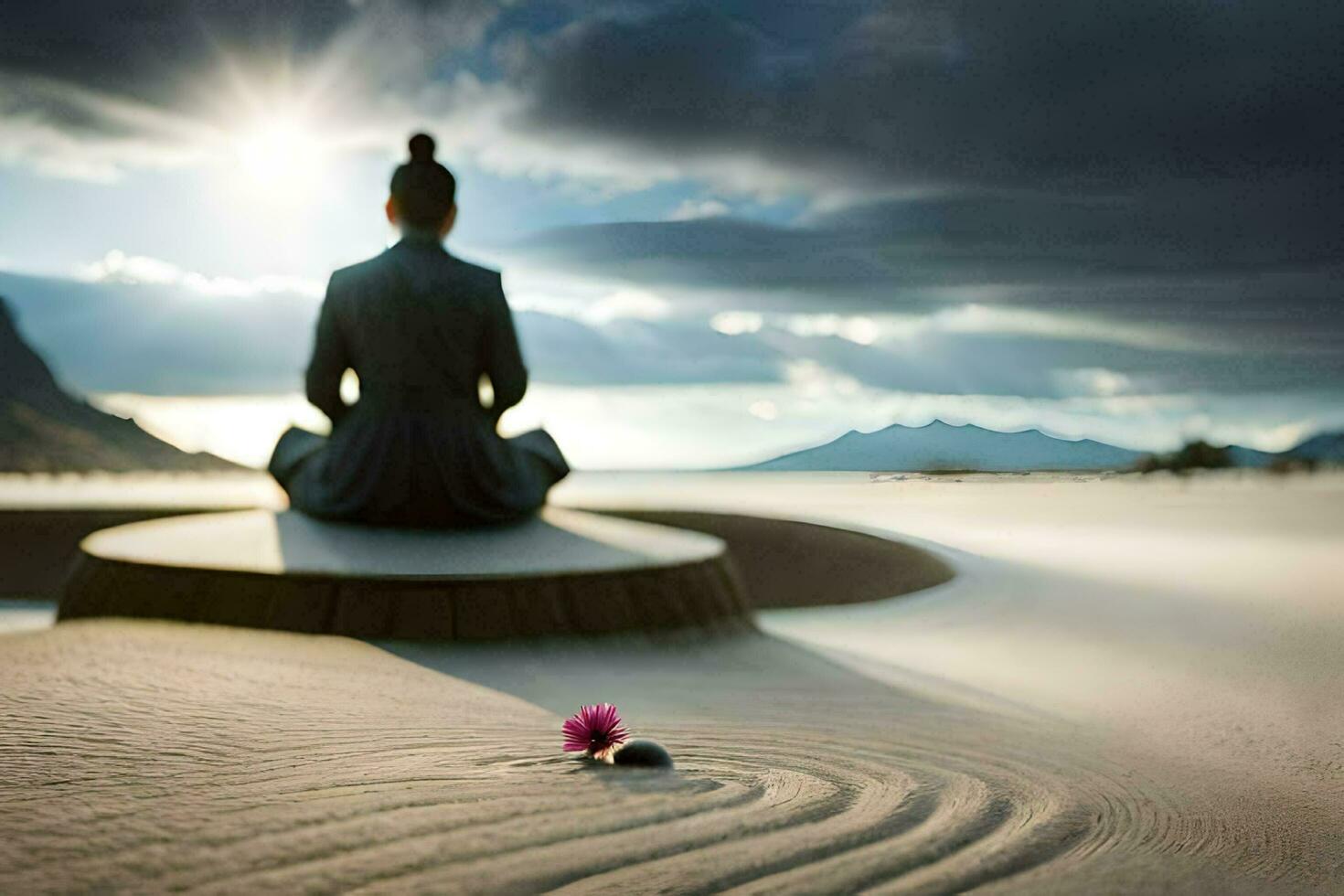 uma pessoa sentado dentro meditação em uma areia duna. gerado por IA foto