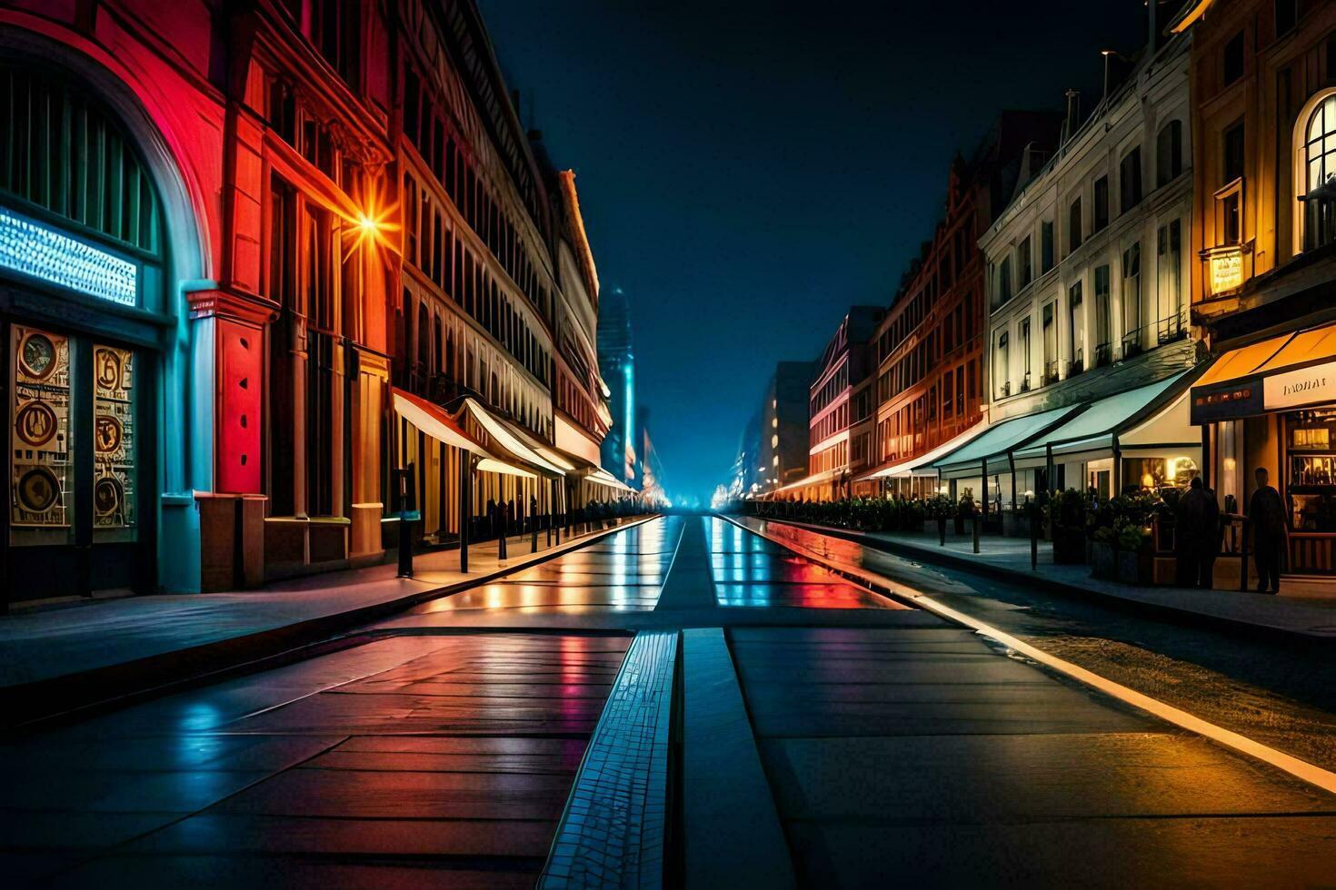 uma cidade rua às noite com uma néon placa. gerado por IA foto