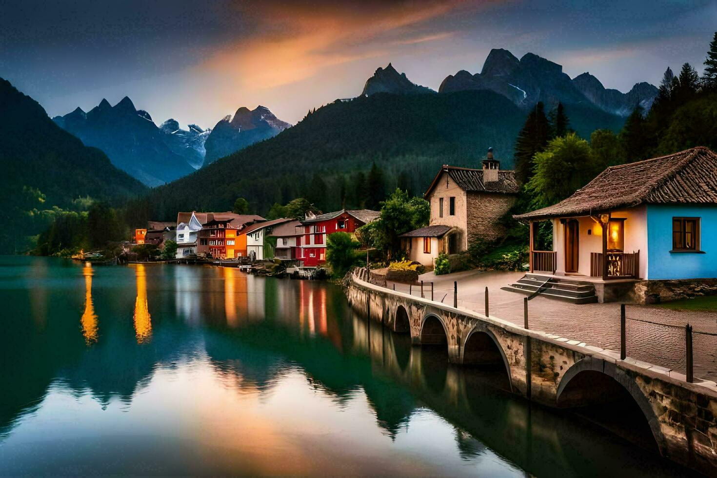 foto papel de parede a céu, montanhas, lago, casas, a Vila, a lago, a Vila. gerado por IA