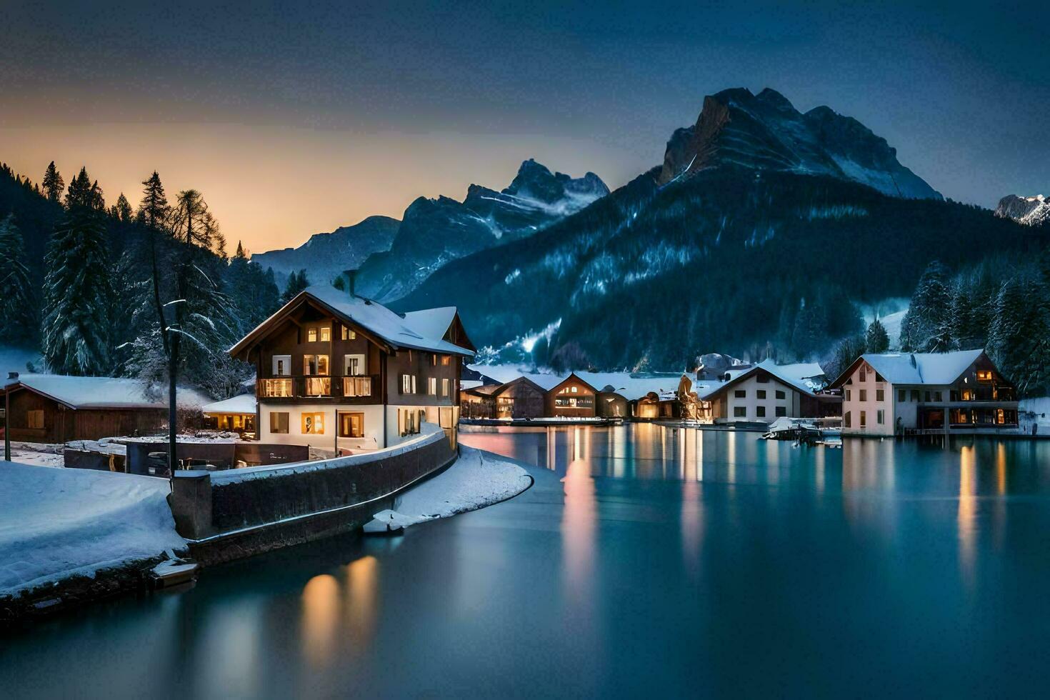 uma lago e casas dentro a neve às crepúsculo. gerado por IA foto