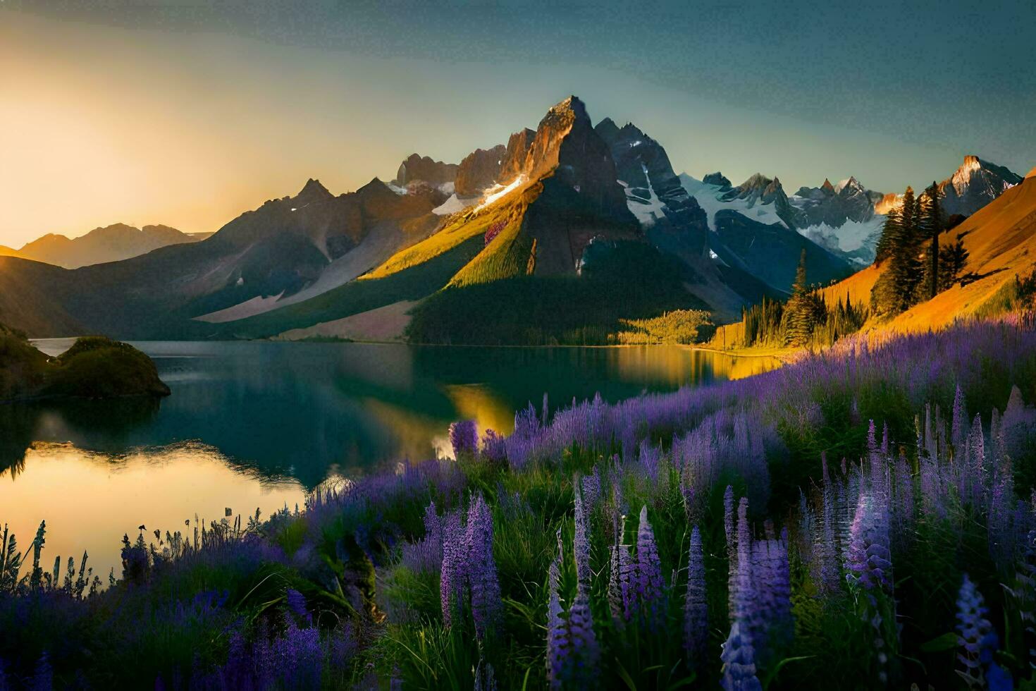 a Sol sobe sobre a montanhas e a lago. gerado por IA foto