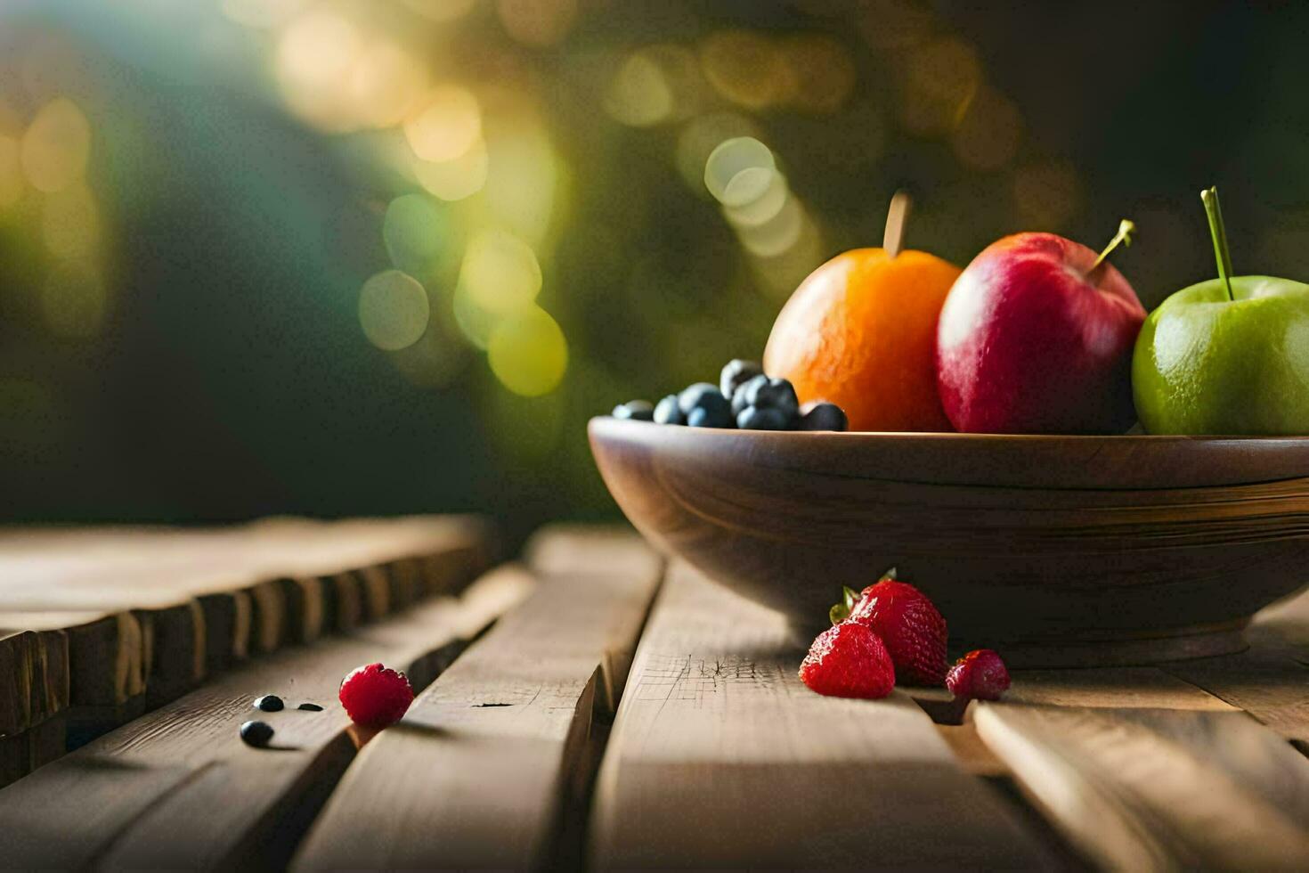 uma tigela do fruta em uma mesa. gerado por IA foto