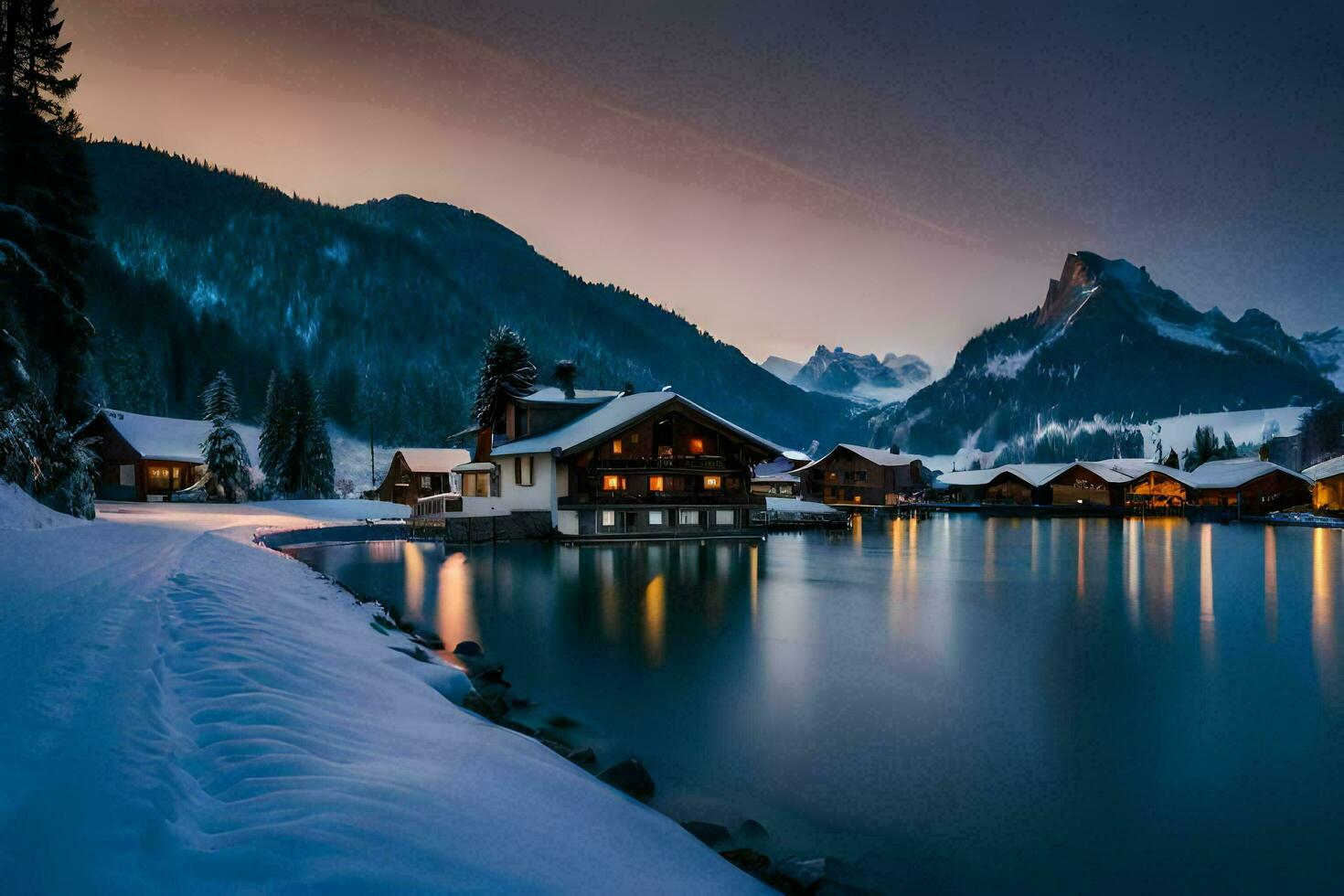 uma lago e uma montanha Vila às noite. gerado por IA foto