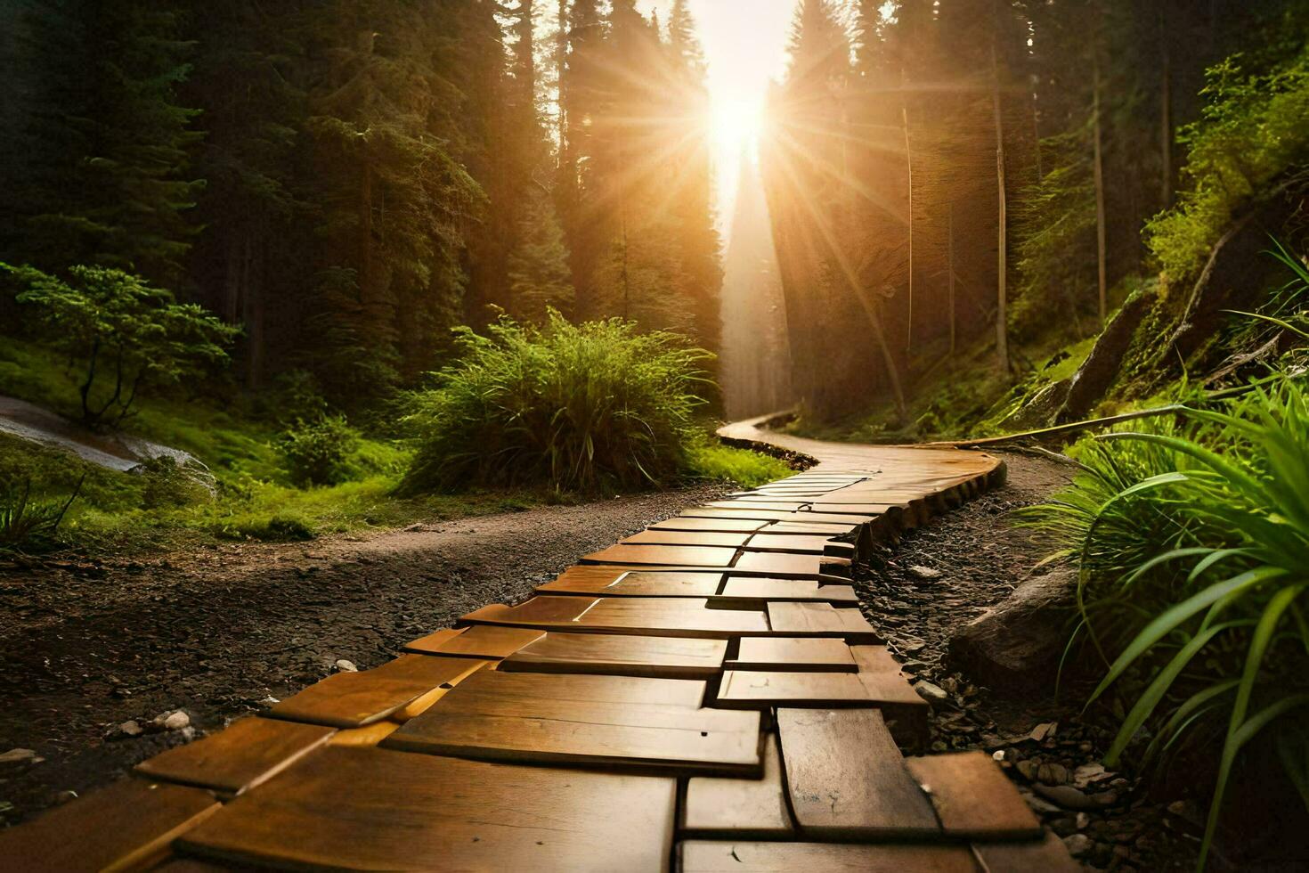 de madeira caminho dentro a floresta às pôr do sol. gerado por IA foto