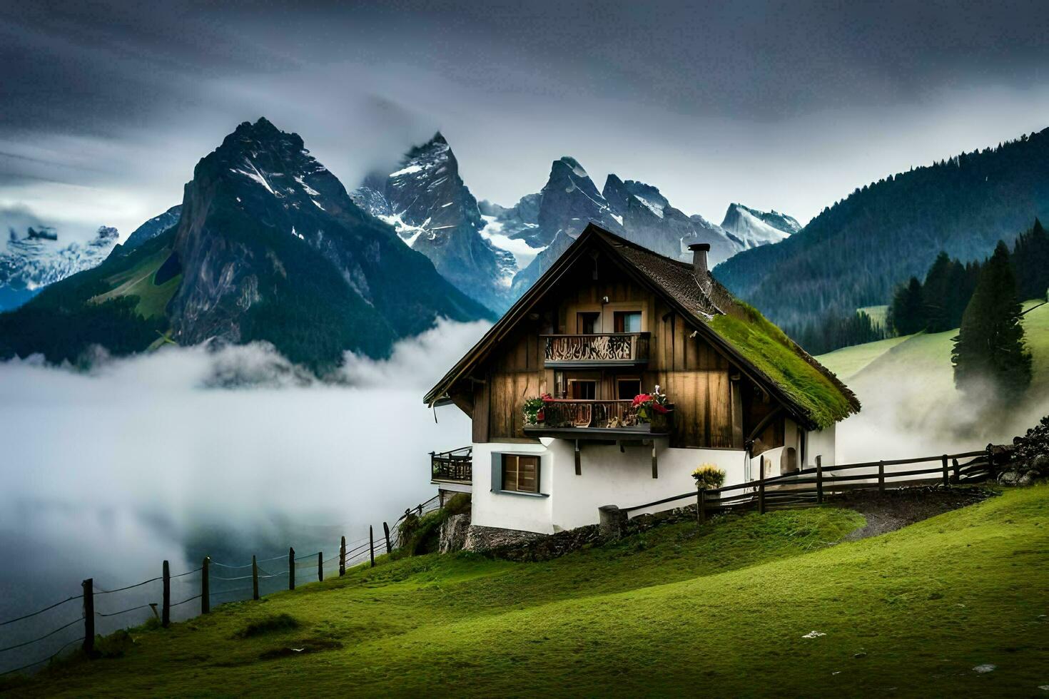 a casa dentro a montanhas. gerado por IA foto