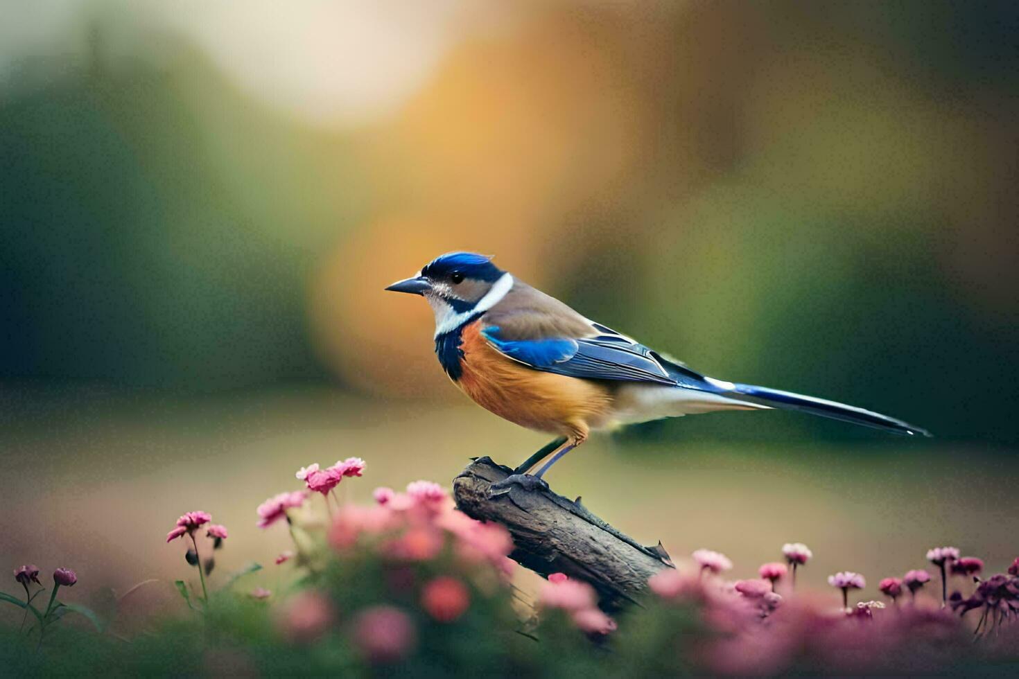 uma azul e laranja pássaro é empoleirado em uma ramo. gerado por IA foto