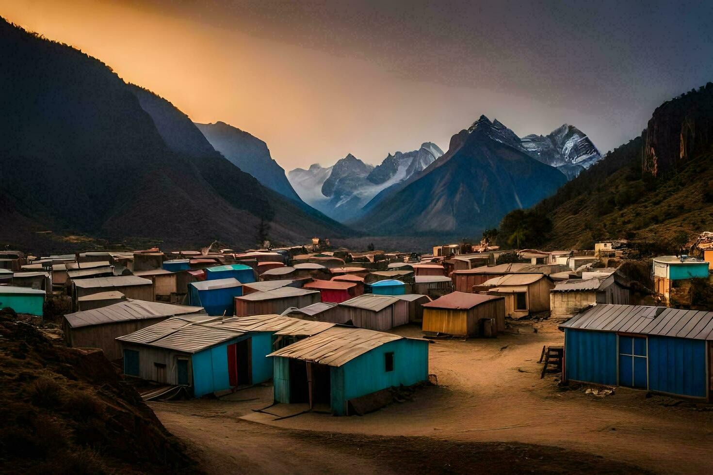 uma Vila dentro a montanhas com colorida casas. gerado por IA foto