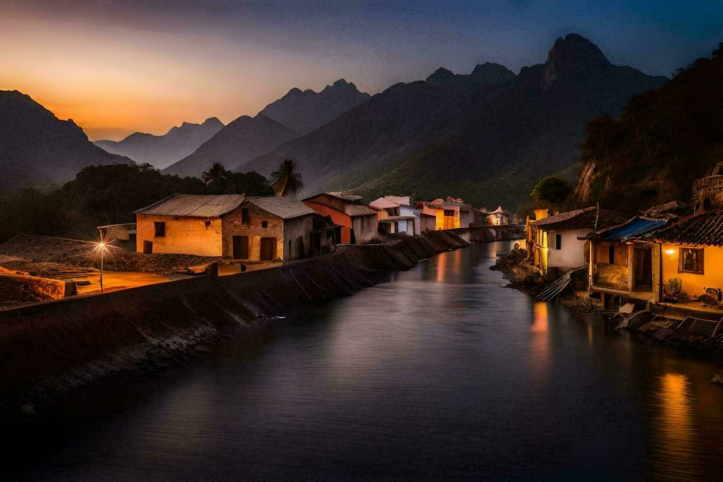 uma rio corre através uma Vila às pôr do sol. gerado por IA foto