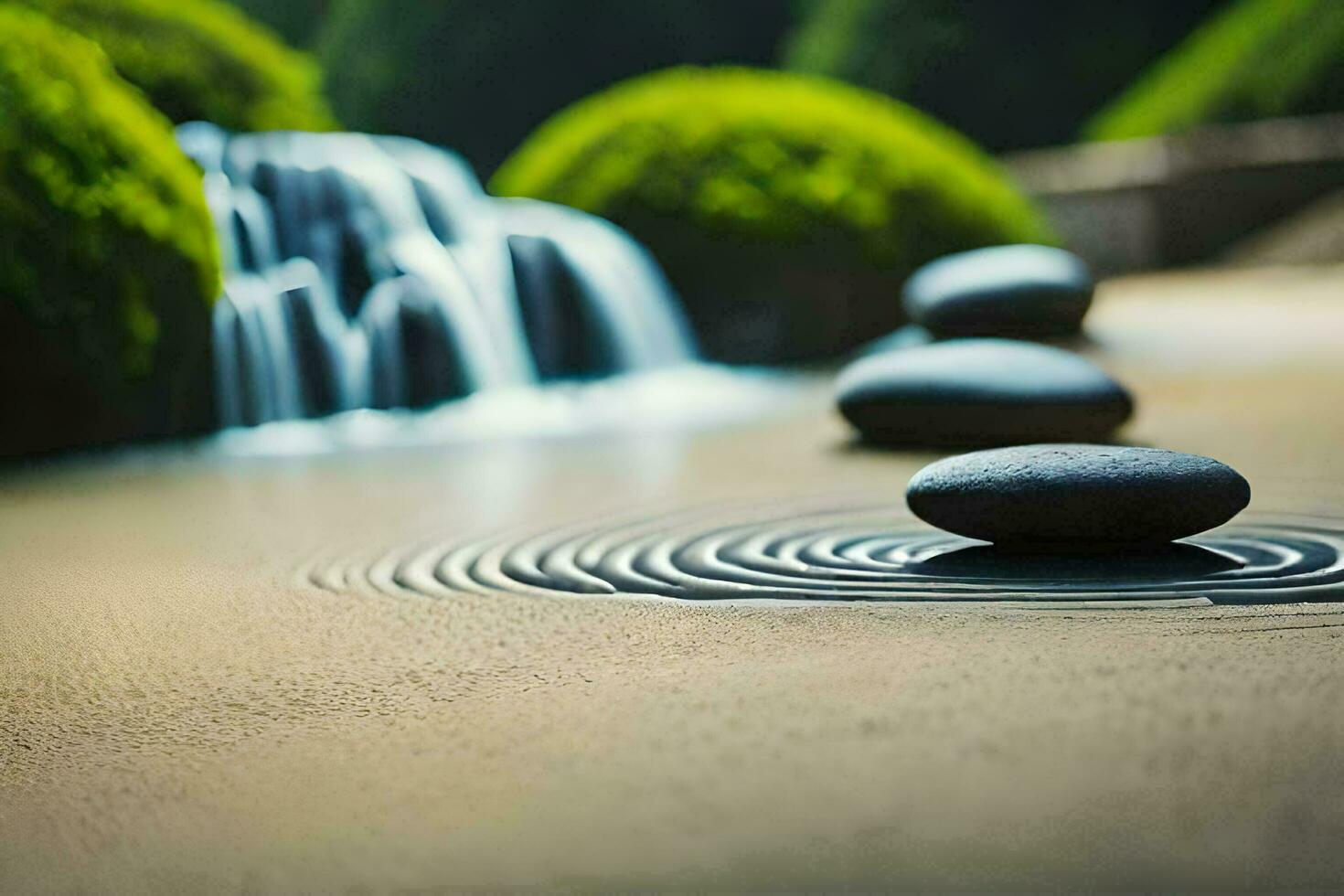 uma pedra é sentado dentro a água com uma cascata. gerado por IA foto