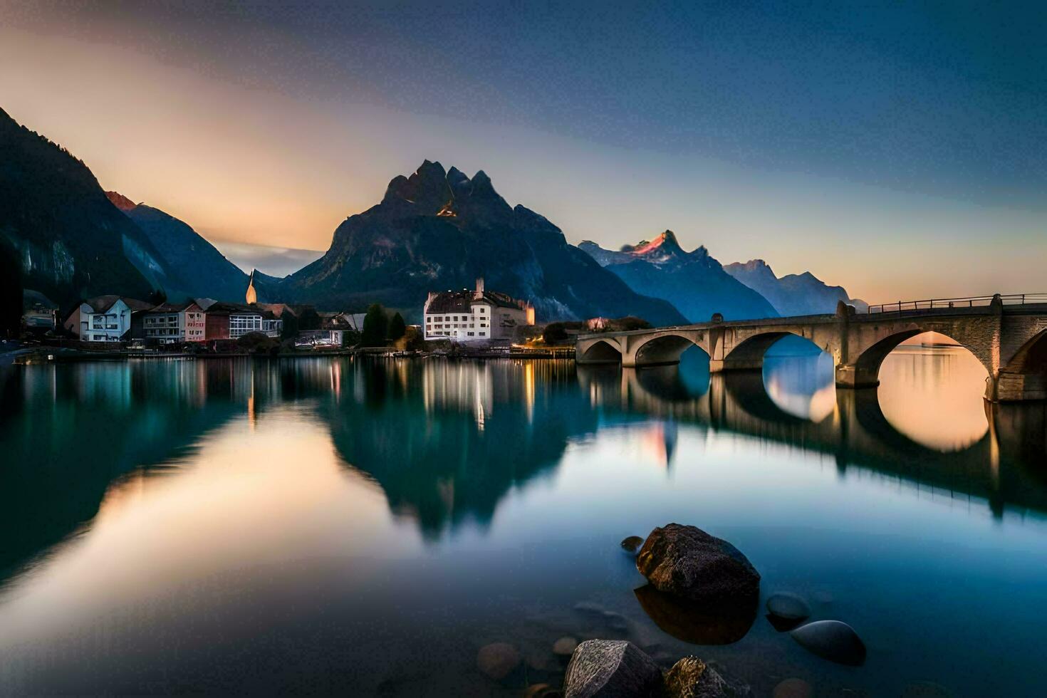 a Sol conjuntos sobre uma ponte e montanhas dentro Suíça. gerado por IA foto