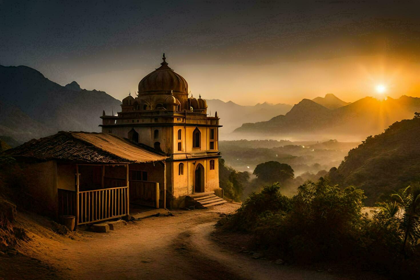 uma pequeno Igreja dentro a montanhas às nascer do sol. gerado por IA foto