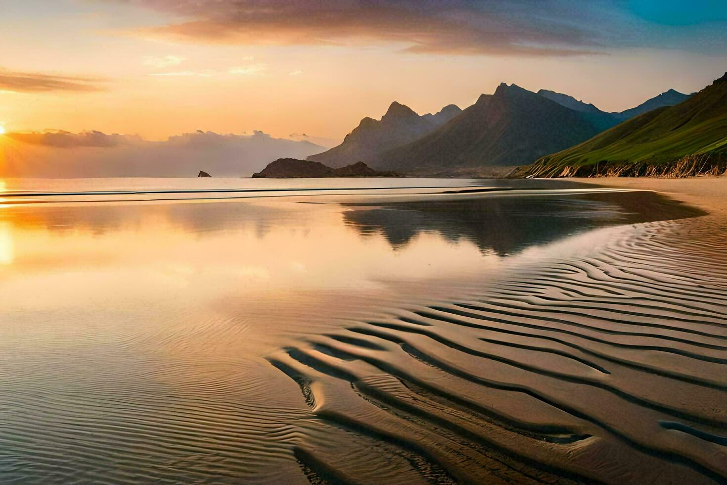 a Sol conjuntos sobre uma de praia e montanhas. gerado por IA foto