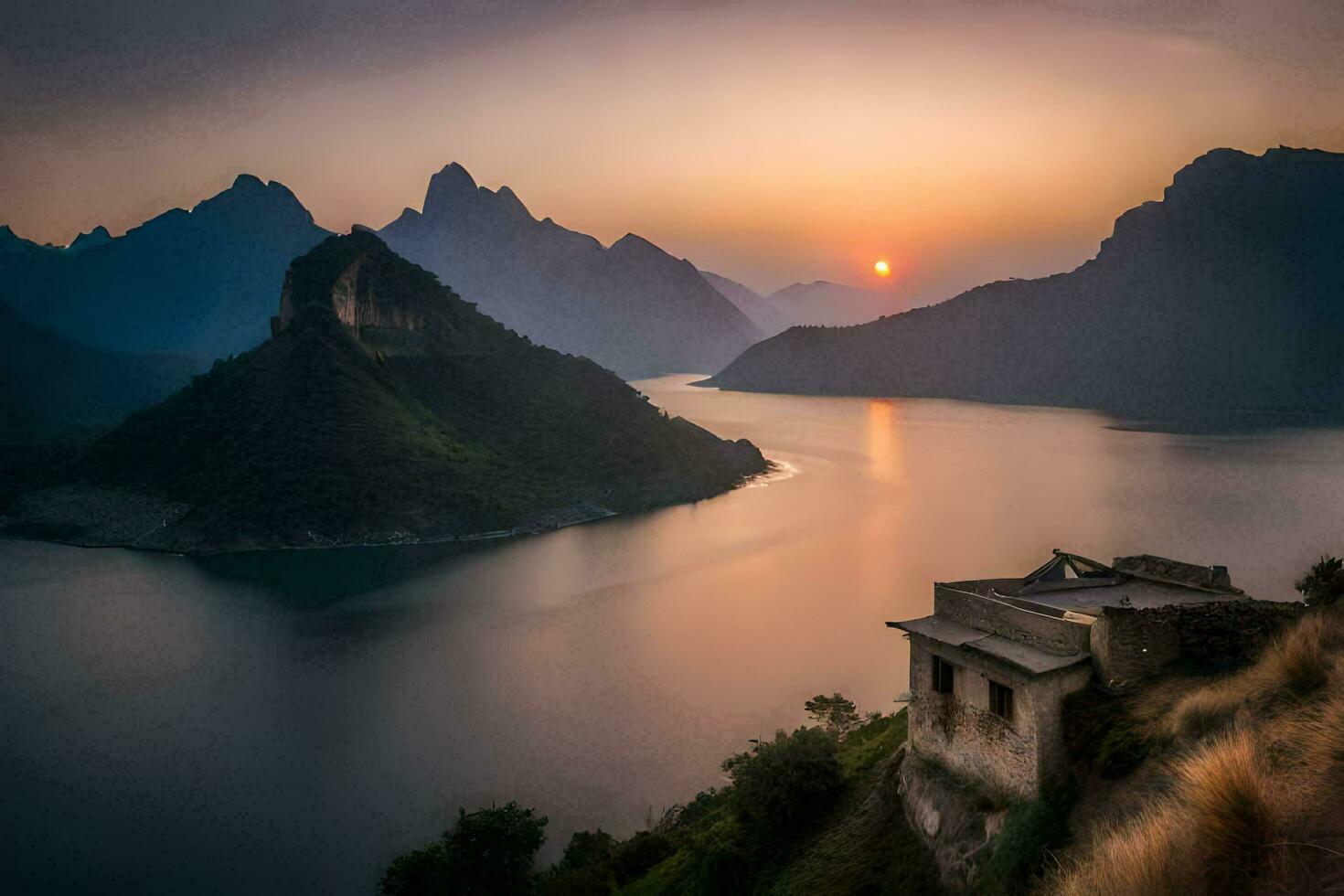 a Sol conjuntos sobre uma montanha alcance e uma lago. gerado por IA foto