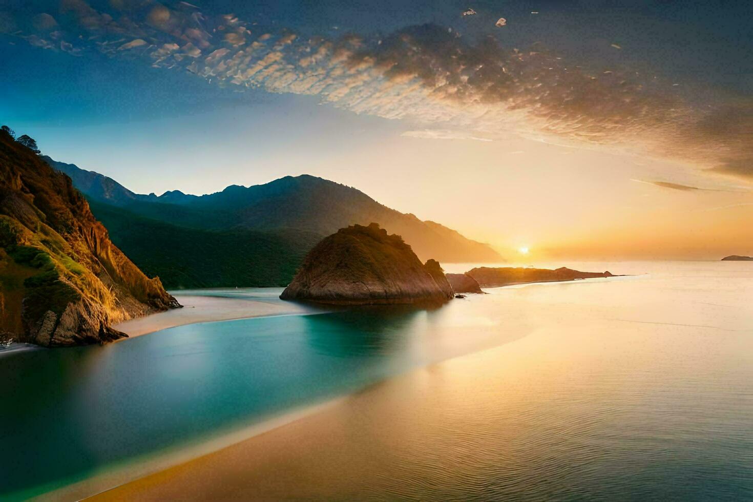 a Sol conjuntos sobre uma de praia e montanhas. gerado por IA foto